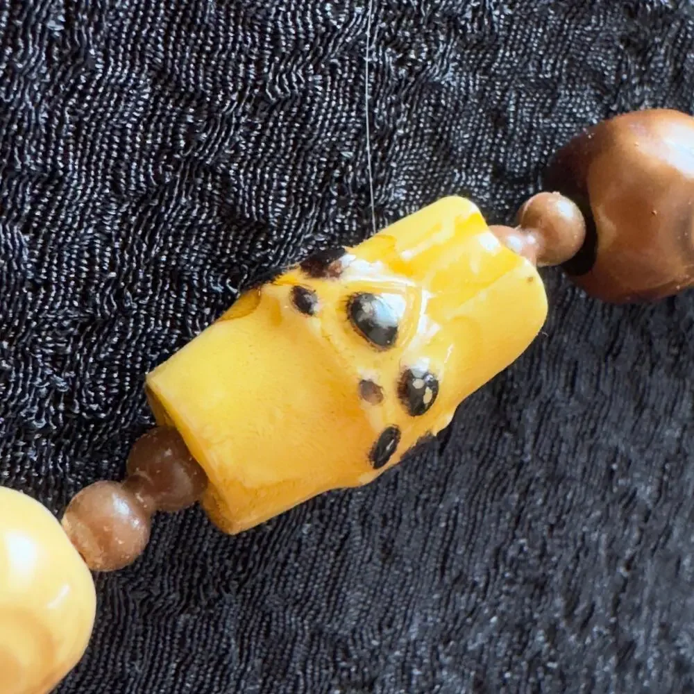 Vintage Faux Carved Bone Plastic Bead Necklace Brown Yellow Tribal Style 52”